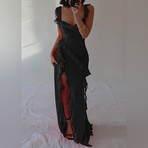 Black Formal Spaghetti Strap Dress with High Slit